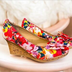 Dexflex Comfort Floral Peep Toe Wedge Heels Pink Red Cork 7.5